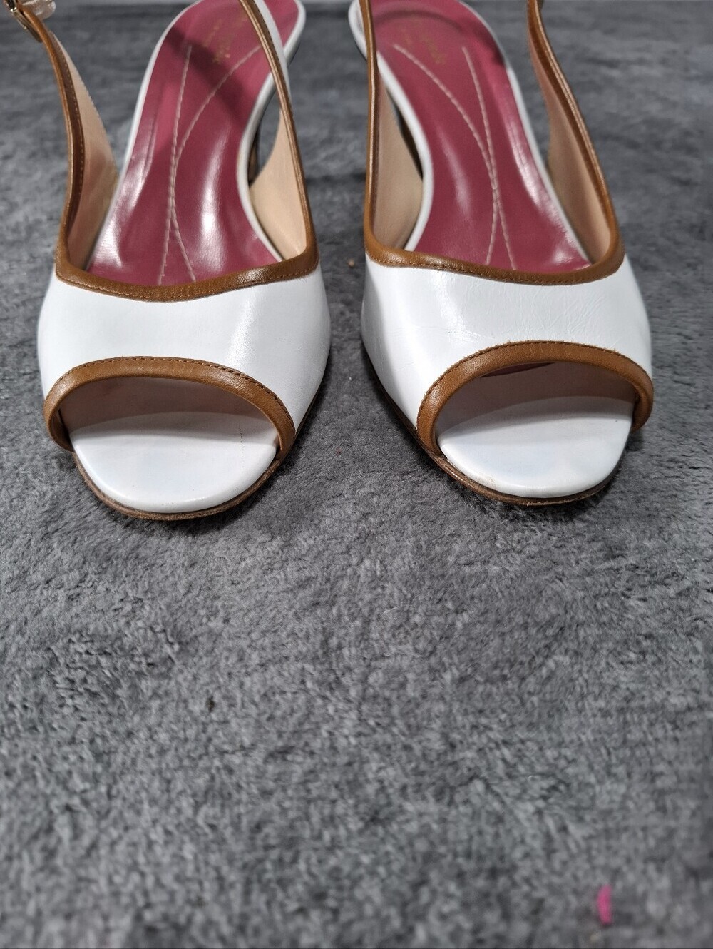 kate spade White Peep-Toe Slingback Heels with Tan Trim and Pink Insole Sz 8.5 - Picture 4 of 14